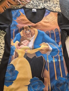Disney Belle & Beast Ballroom Dance Graphic Scrub Top in Blue, Yellow, Black